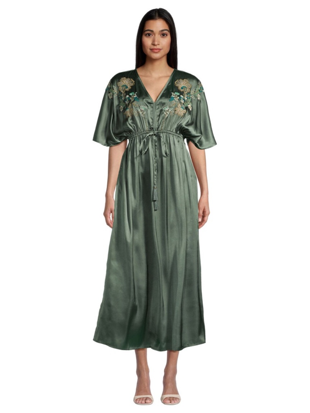 NWTS World Market Green Satin Embroidered Maxi Dress